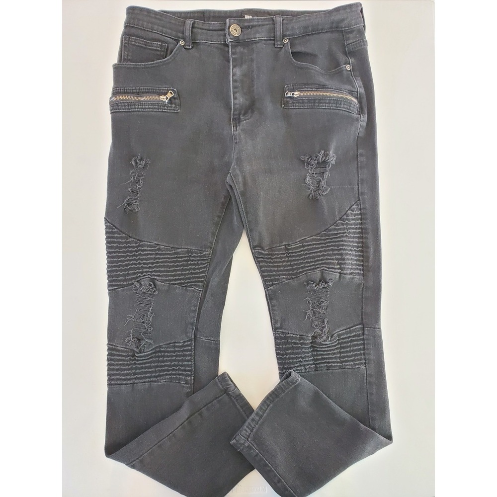 Waimea Mens 36x32 Skinny Fit Moto Jeans Black Distressed Biker Ribbed Denim